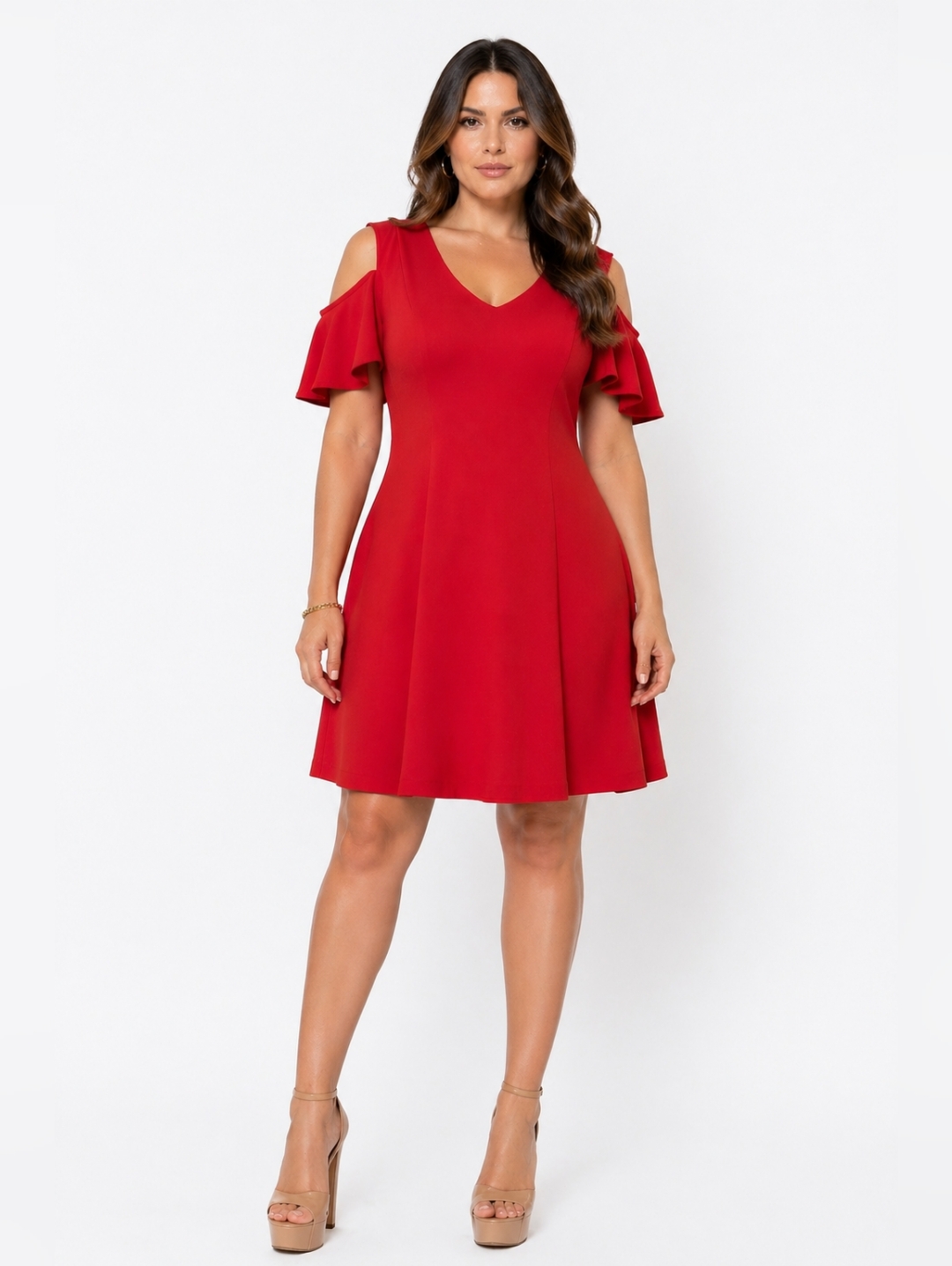 Sharagano Red Cold-Shoulder V-Neck A-Line. Mini Dress. Size 10.